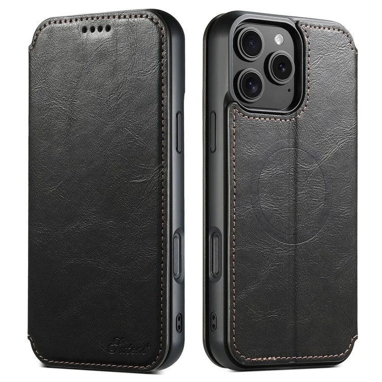 SUTENI J06 For iPhone 16 Pro Max Case Compatible with MagSafe Textured PU Leather Flip Phone Cover
