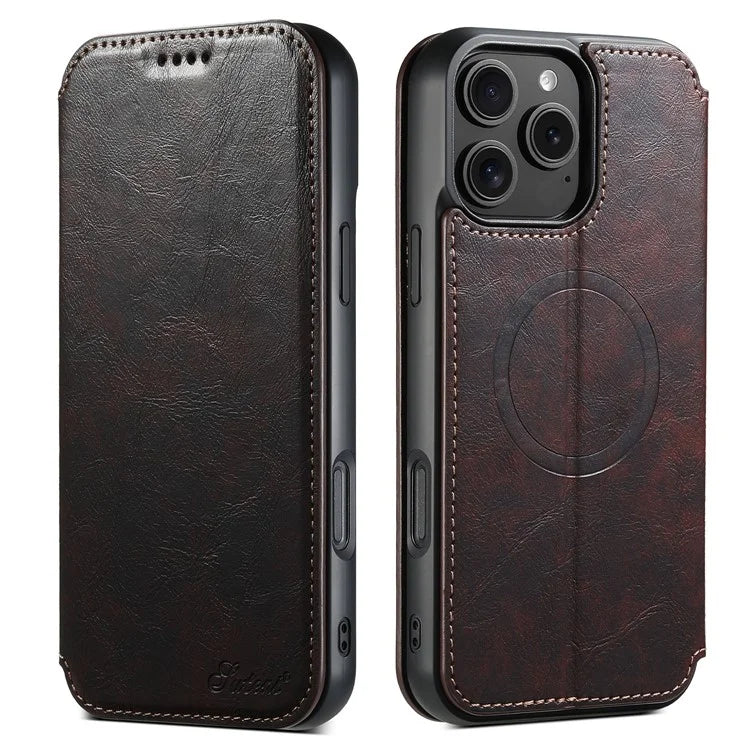 SUTENI J06 For iPhone 16 Pro Max Case Compatible with MagSafe Textured PU Leather Flip Phone Cover