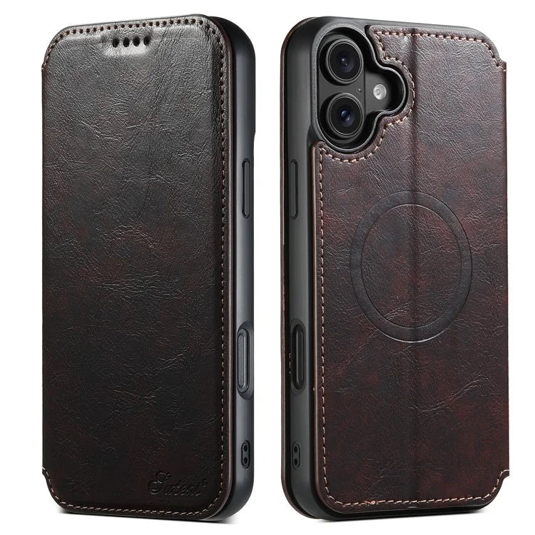 SUTENI J06 For iPhone 16 Case Compatible with MagSafe Textured PU Leather Flip Phone Cover