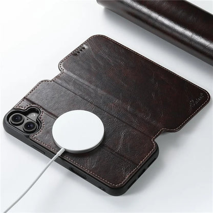 SUTENI J06 For iPhone 16 Case Compatible with MagSafe Textured PU Leather Flip Phone Cover
