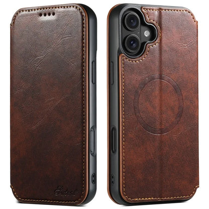 SUTENI J06 For iPhone 16 Case Compatible with MagSafe Textured PU Leather Flip Phone Cover