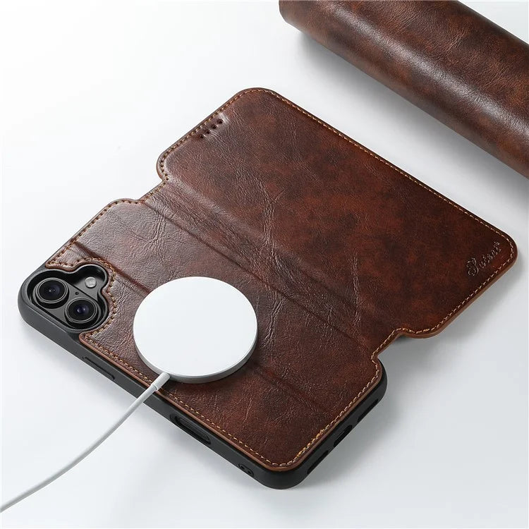 SUTENI J06 For iPhone 16 Case Compatible with MagSafe Textured PU Leather Flip Phone Cover