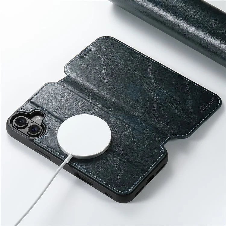 SUTENI J06 For iPhone 16 Case Compatible with MagSafe Textured PU Leather Flip Phone Cover