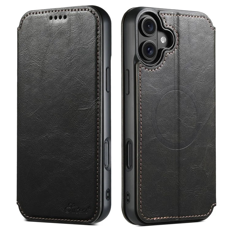 SUTENI J06 For iPhone 16 Case Compatible with MagSafe Textured PU Leather Flip Phone Cover
