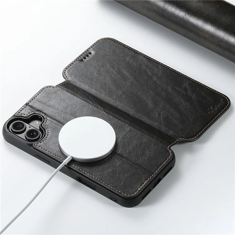 SUTENI J06 For iPhone 16 Case Compatible with MagSafe Textured PU Leather Flip Phone Cover