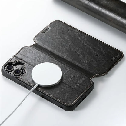 SUTENI J06 For iPhone 16 Case Compatible with MagSafe Textured PU Leather Flip Phone Cover