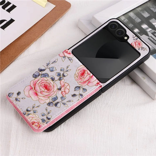 For Samsung Galaxy Z Flip6 5G / Flip5 5G Case Flower Pattern PU+TPU Phone Cover Card Slots