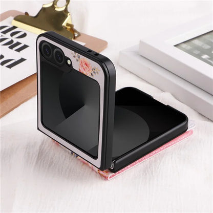 For Samsung Galaxy Z Flip6 5G / Flip5 5G Case Flower Pattern PU+TPU Phone Cover Card Slots