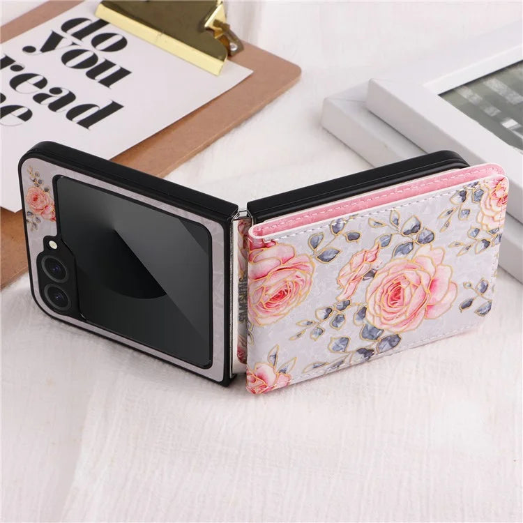 For Samsung Galaxy Z Flip6 5G / Flip5 5G Case Flower Pattern PU+TPU Phone Cover Card Slots