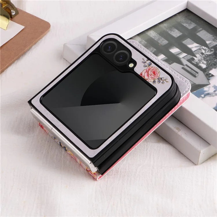 For Samsung Galaxy Z Flip6 5G / Flip5 5G Case Flower Pattern PU+TPU Phone Cover Card Slots
