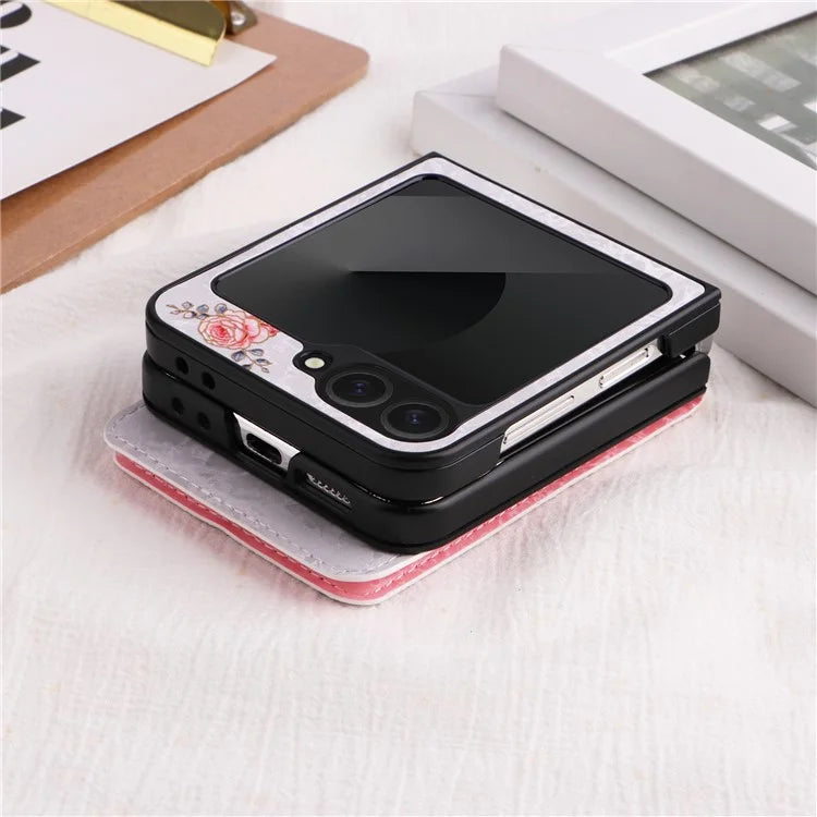 For Samsung Galaxy Z Flip6 5G / Flip5 5G Case Flower Pattern PU+TPU Phone Cover Card Slots