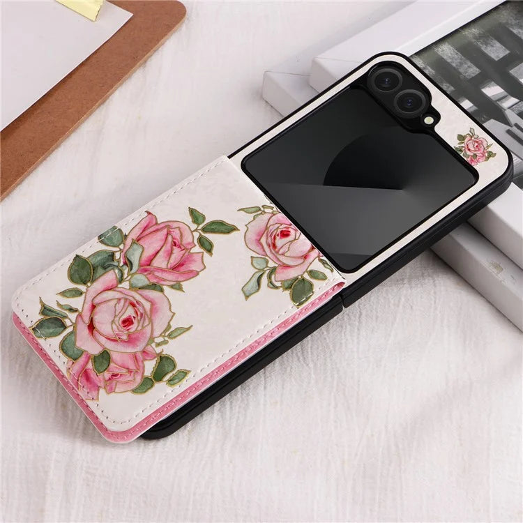 For Samsung Galaxy Z Flip6 5G / Flip5 5G Case Flower Pattern PU+TPU Phone Cover Card Slots