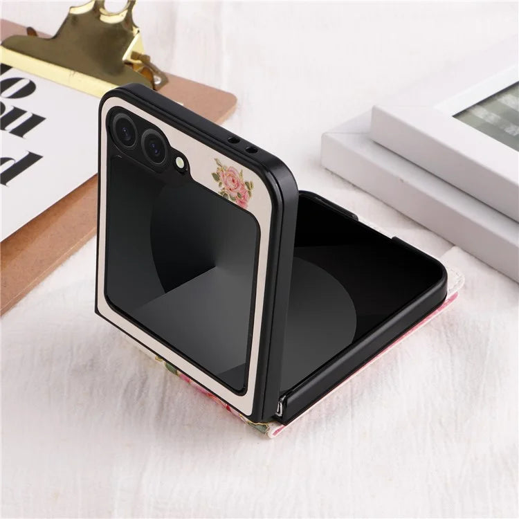 For Samsung Galaxy Z Flip6 5G / Flip5 5G Case Flower Pattern PU+TPU Phone Cover Card Slots