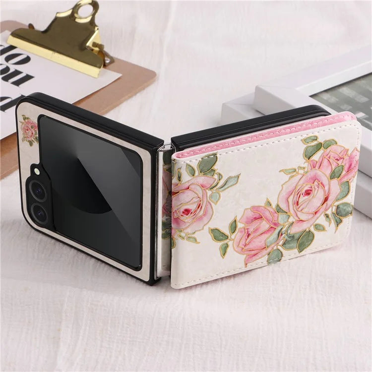For Samsung Galaxy Z Flip6 5G / Flip5 5G Case Flower Pattern PU+TPU Phone Cover Card Slots