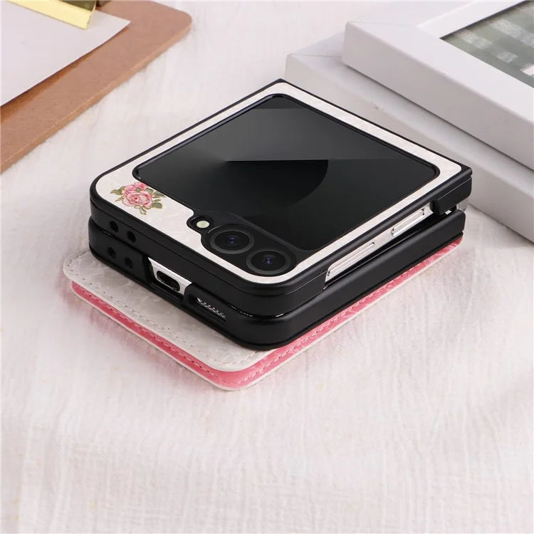 For Samsung Galaxy Z Flip6 5G / Flip5 5G Case Flower Pattern PU+TPU Phone Cover Card Slots