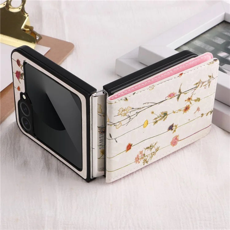 For Samsung Galaxy Z Flip6 5G / Flip5 5G Case Flower Pattern PU+TPU Phone Cover Card Slots