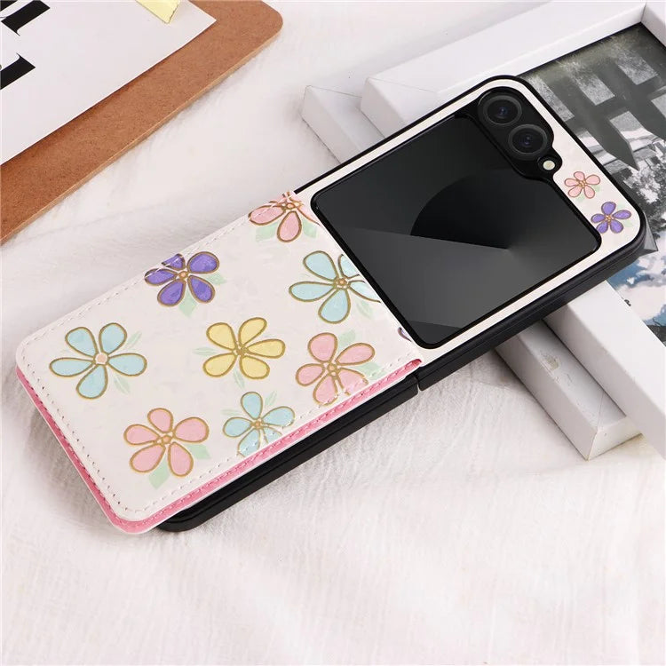 For Samsung Galaxy Z Flip6 5G / Flip5 5G Case Flower Pattern PU+TPU Phone Cover Card Slots