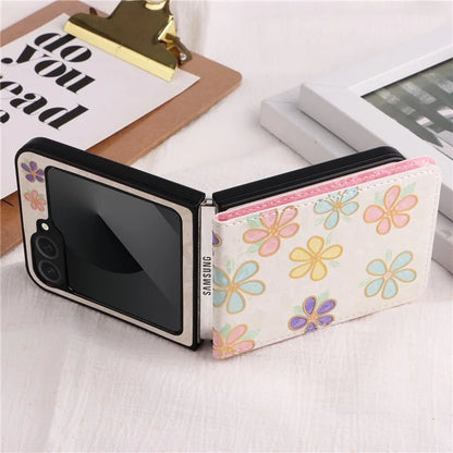 For Samsung Galaxy Z Flip6 5G / Flip5 5G Case Flower Pattern PU+TPU Phone Cover Card Slots
