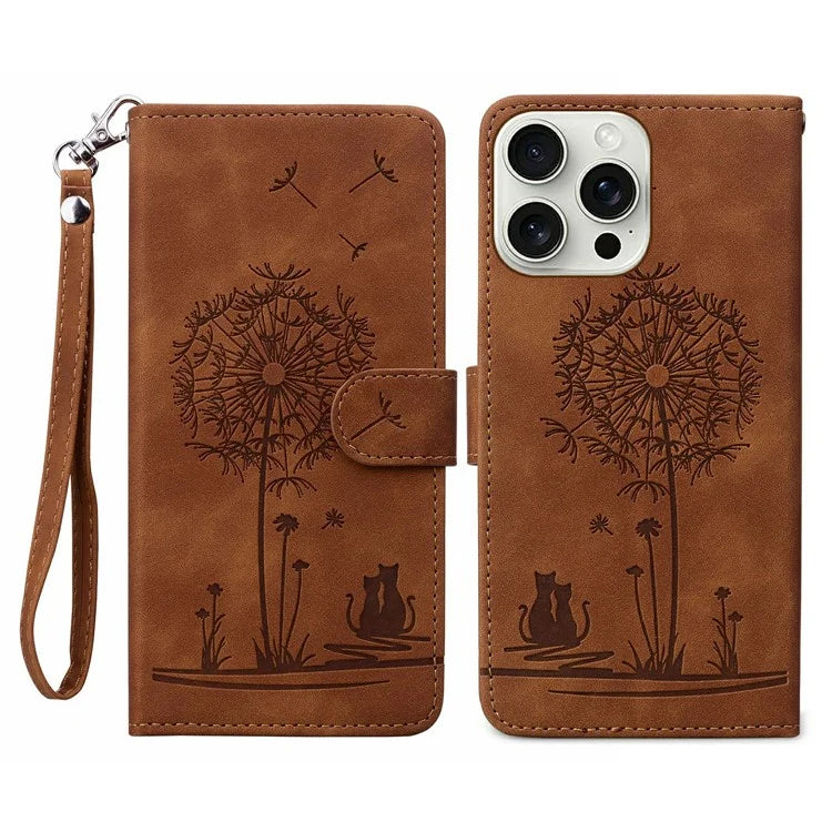 For iPhone 16 Pro Max Case Cat Dandelion Imprint PU Leather Wallet Phone Cover with Strap