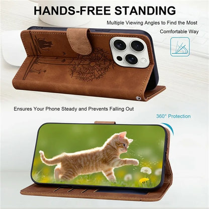 For iPhone 16 Pro Max Case Cat Dandelion Imprint PU Leather Wallet Phone Cover with Strap