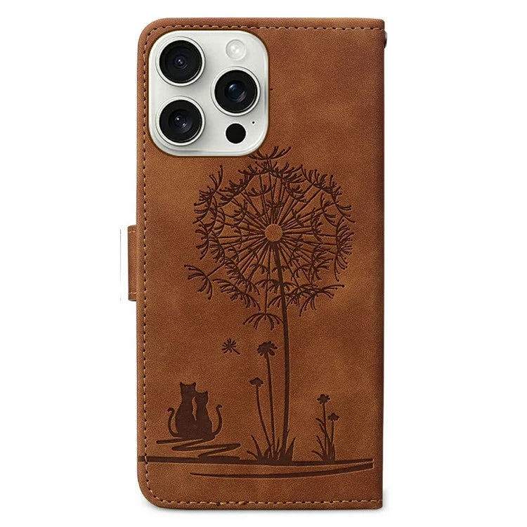For iPhone 16 Pro Max Case Cat Dandelion Imprint PU Leather Wallet Phone Cover with Strap