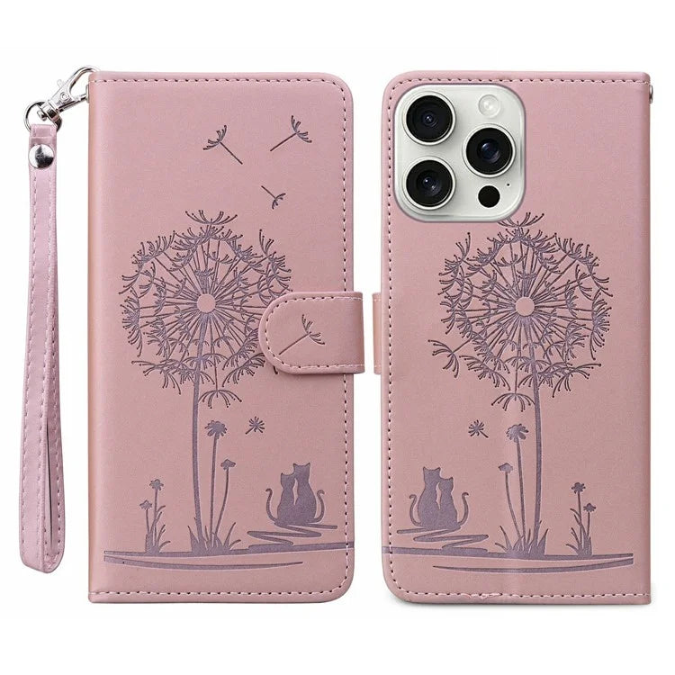 For iPhone 16 Pro Max Case Cat Dandelion Imprint PU Leather Wallet Phone Cover with Strap