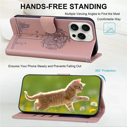 For iPhone 16 Pro Max Case Cat Dandelion Imprint PU Leather Wallet Phone Cover with Strap