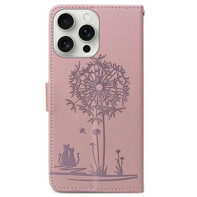 For iPhone 16 Pro Max Case Cat Dandelion Imprint PU Leather Wallet Phone Cover with Strap