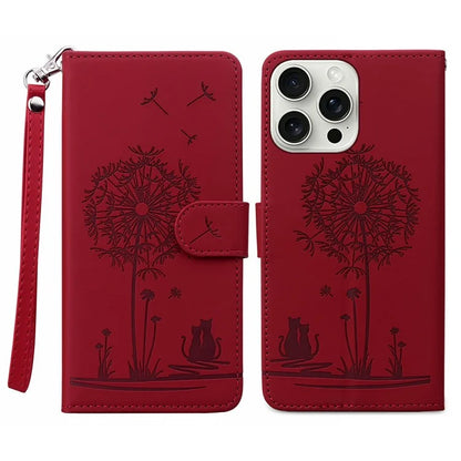 For iPhone 16 Pro Max Case Cat Dandelion Imprint PU Leather Wallet Phone Cover with Strap