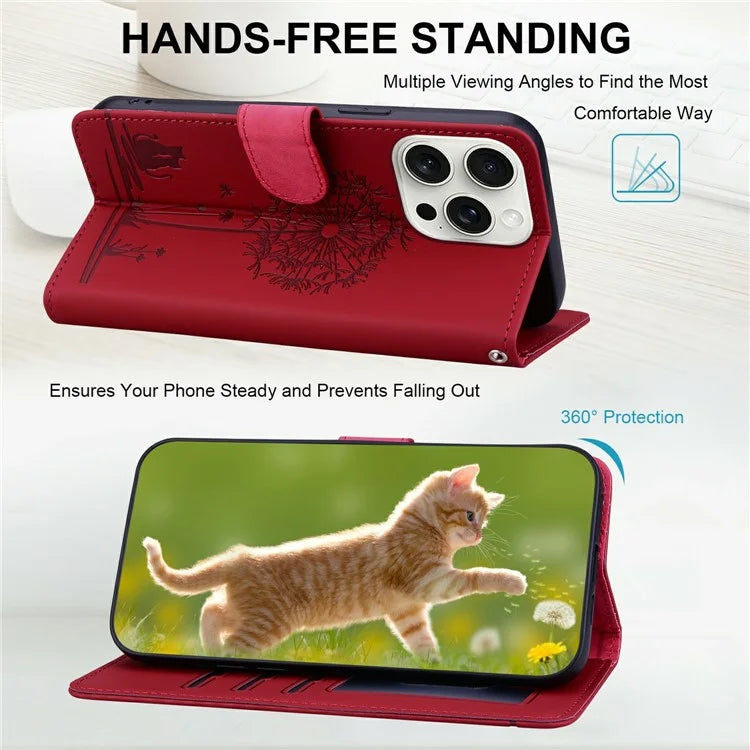 For iPhone 16 Pro Max Case Cat Dandelion Imprint PU Leather Wallet Phone Cover with Strap
