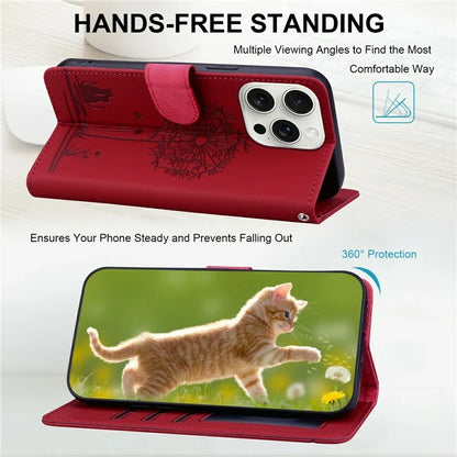 For iPhone 16 Pro Max Case Cat Dandelion Imprint PU Leather Wallet Phone Cover with Strap