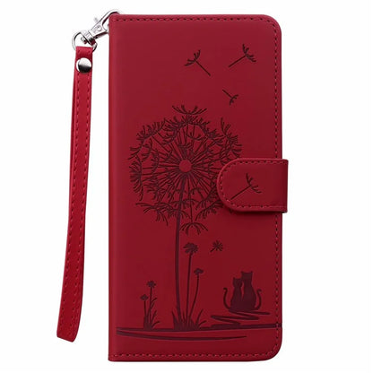 For iPhone 16 Pro Max Case Cat Dandelion Imprint PU Leather Wallet Phone Cover with Strap