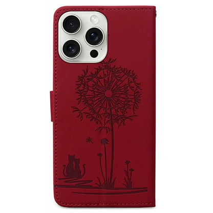 For iPhone 16 Pro Max Case Cat Dandelion Imprint PU Leather Wallet Phone Cover with Strap