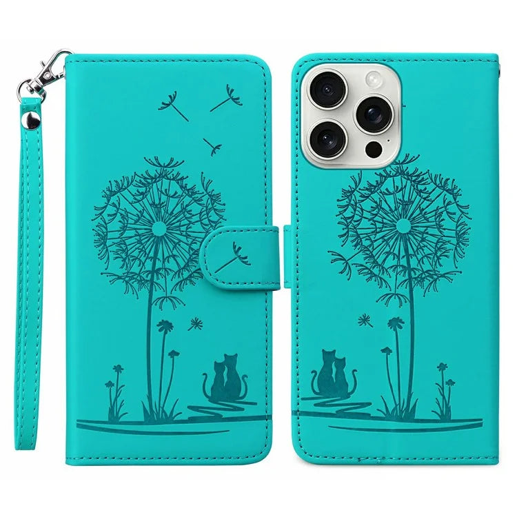 For iPhone 16 Pro Max Case Cat Dandelion Imprint PU Leather Wallet Phone Cover with Strap