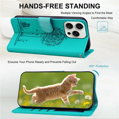 For iPhone 16 Pro Max Case Cat Dandelion Imprint PU Leather Wallet Phone Cover with Strap