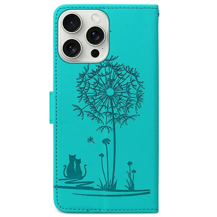 For iPhone 16 Pro Max Case Cat Dandelion Imprint PU Leather Wallet Phone Cover with Strap