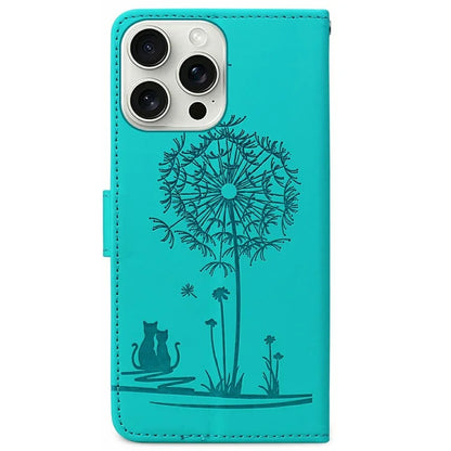 For iPhone 16 Pro Max Case Cat Dandelion Imprint PU Leather Wallet Phone Cover with Strap
