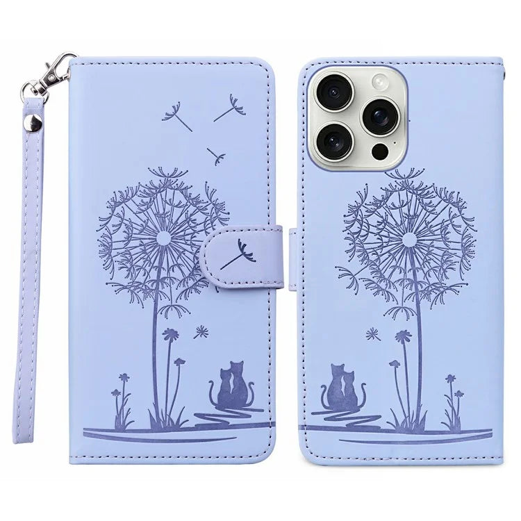 For iPhone 16 Pro Max Case Cat Dandelion Imprint PU Leather Wallet Phone Cover with Strap