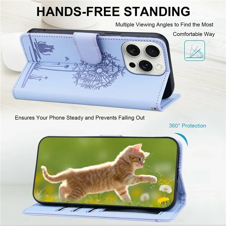 For iPhone 16 Pro Max Case Cat Dandelion Imprint PU Leather Wallet Phone Cover with Strap