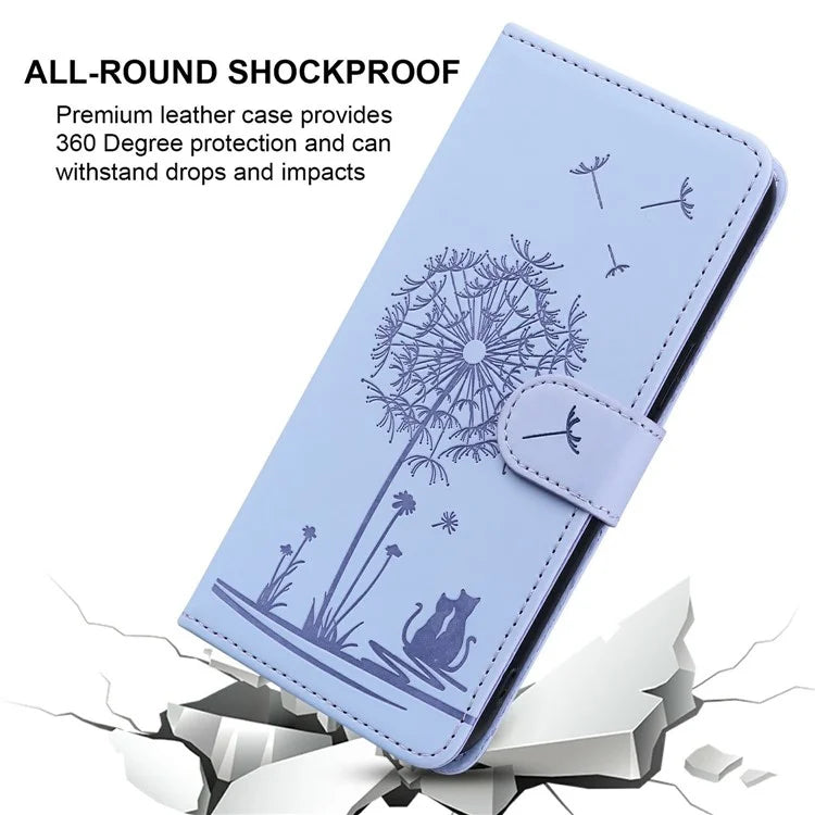 For iPhone 16 Pro Max Case Cat Dandelion Imprint PU Leather Wallet Phone Cover with Strap