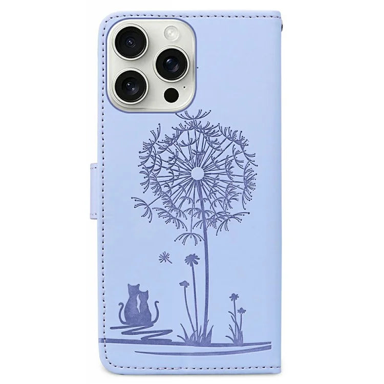 For iPhone 16 Pro Max Case Cat Dandelion Imprint PU Leather Wallet Phone Cover with Strap