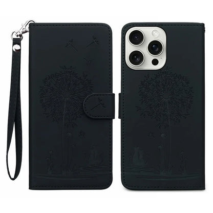 For iPhone 16 Pro Max Case Cat Dandelion Imprint PU Leather Wallet Phone Cover with Strap