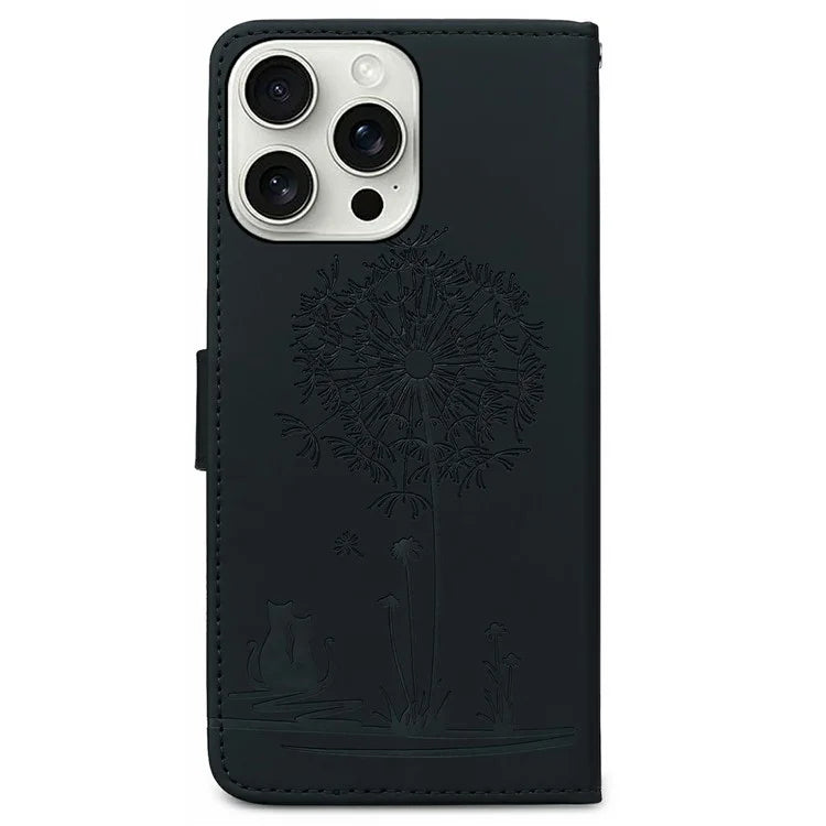 For iPhone 16 Pro Max Case Cat Dandelion Imprint PU Leather Wallet Phone Cover with Strap
