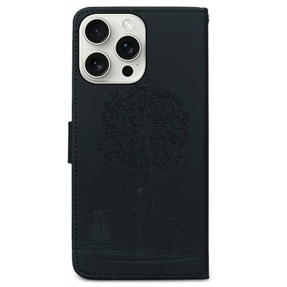 For iPhone 16 Pro Max Case Cat Dandelion Imprint PU Leather Wallet Phone Cover with Strap
