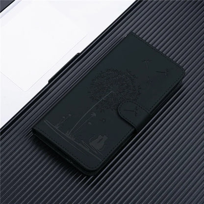 For iPhone 16 Pro Max Case Cat Dandelion Imprint PU Leather Wallet Phone Cover with Strap