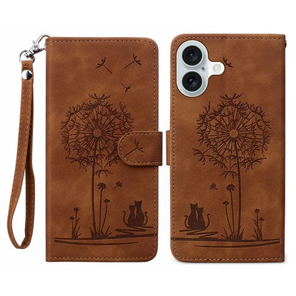 For iPhone 16 Case Cat Dandelion Imprint PU Leather Wallet Phone Cover with Strap