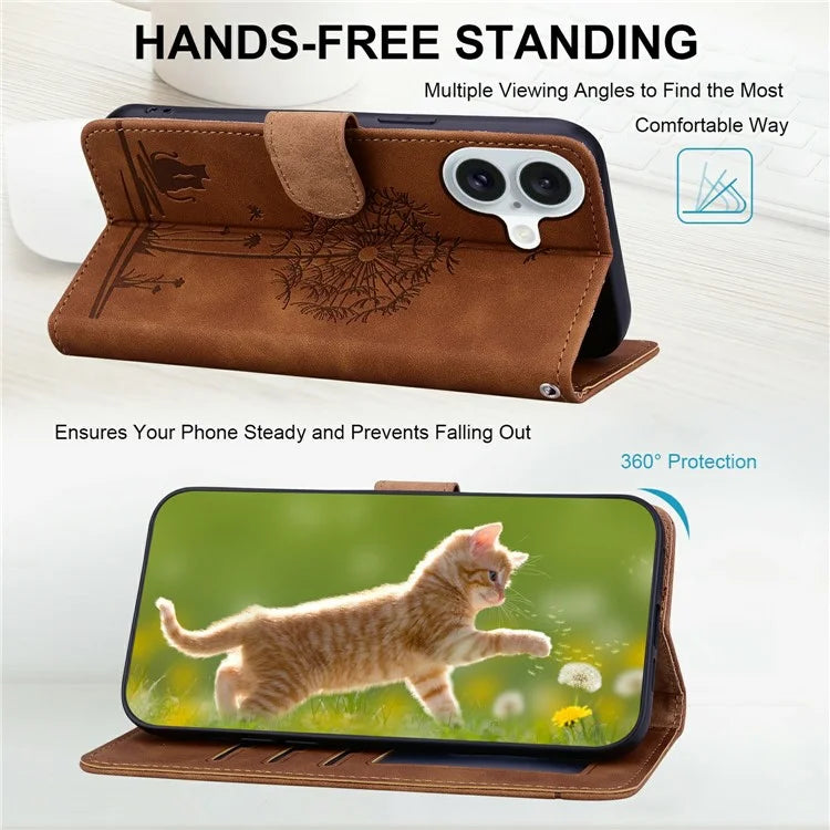For iPhone 16 Case Cat Dandelion Imprint PU Leather Wallet Phone Cover with Strap