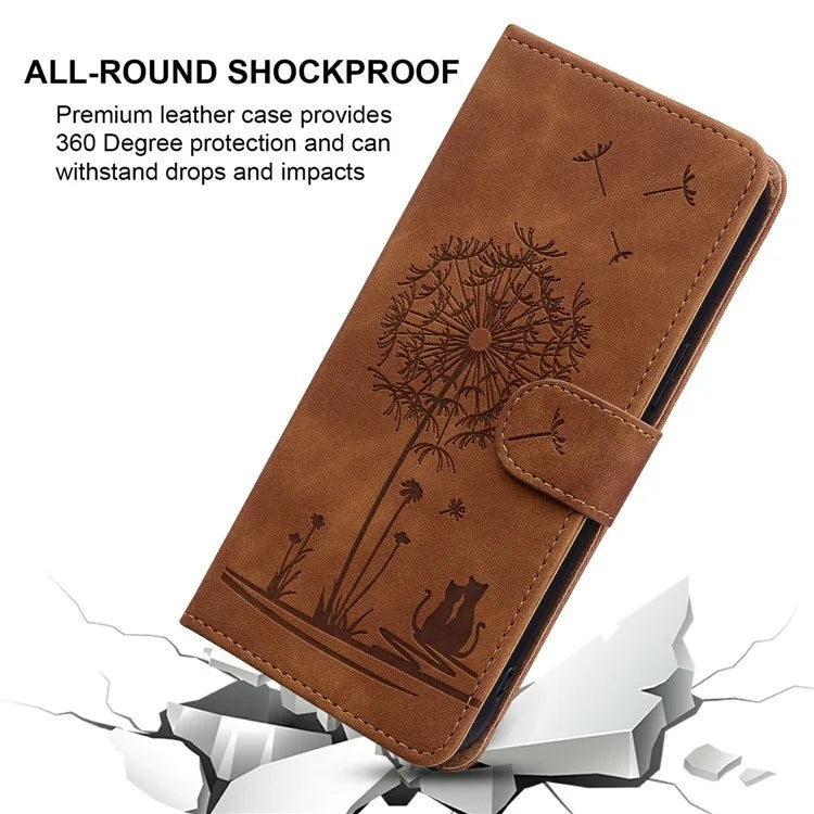 For iPhone 16 Case Cat Dandelion Imprint PU Leather Wallet Phone Cover with Strap