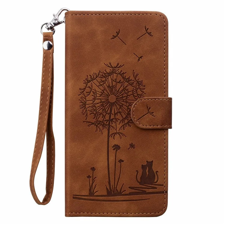 For iPhone 16 Case Cat Dandelion Imprint PU Leather Wallet Phone Cover with Strap