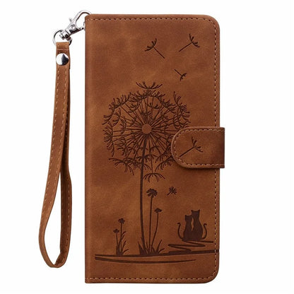 For iPhone 16 Case Cat Dandelion Imprint PU Leather Wallet Phone Cover with Strap